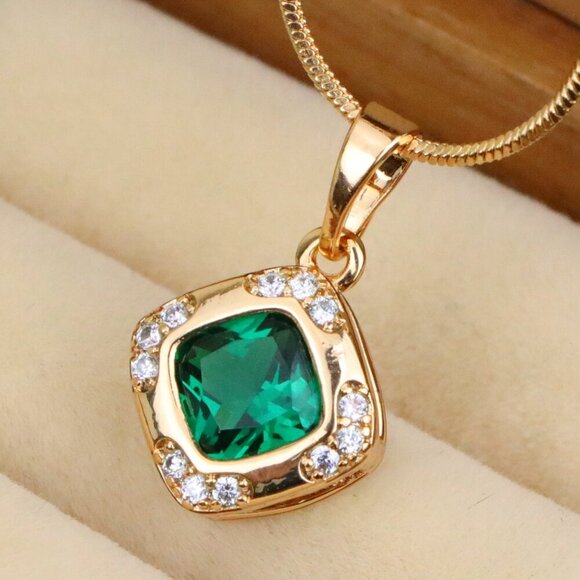 "Green Cushion Stone Pendant in Gold Plated Brass with Crystal Halo, XPPT1768 - Picture 1 of 14